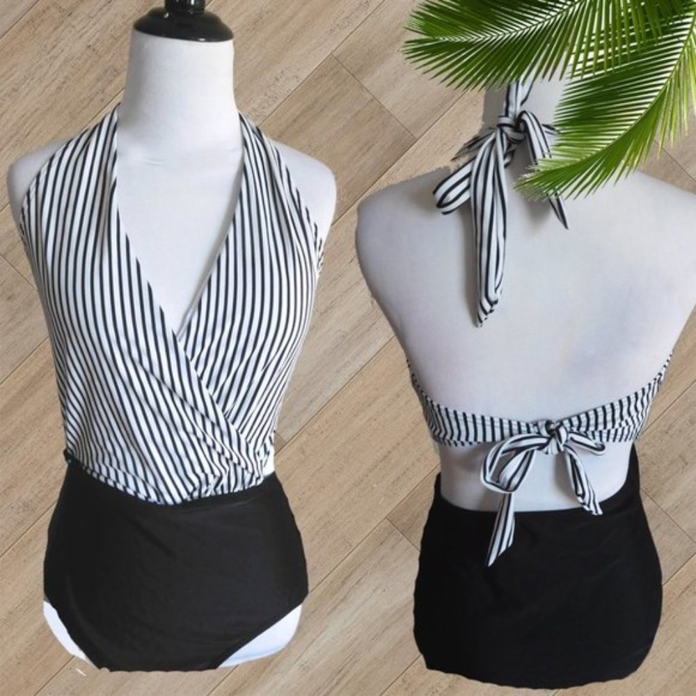 COCOSHIP BLACK STRIPE HALTER ONE PIECE SWIMSUIT